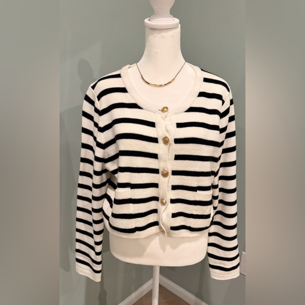 Jessica Simpson Black and White Striped Button-Front Cardigan